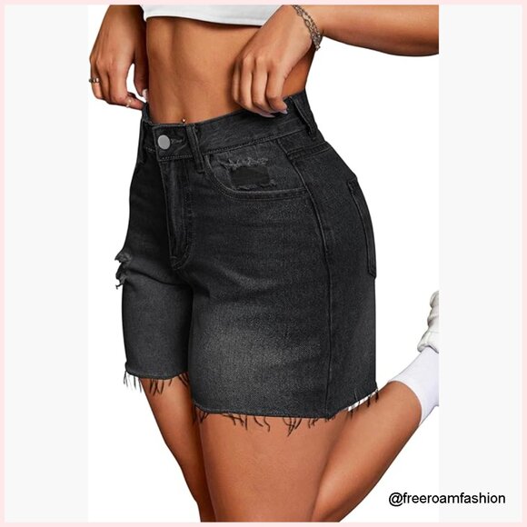 Pants - High Waisted Stretchy Denim Shorts Ripped Frayed Hem Casual Summer Jorts